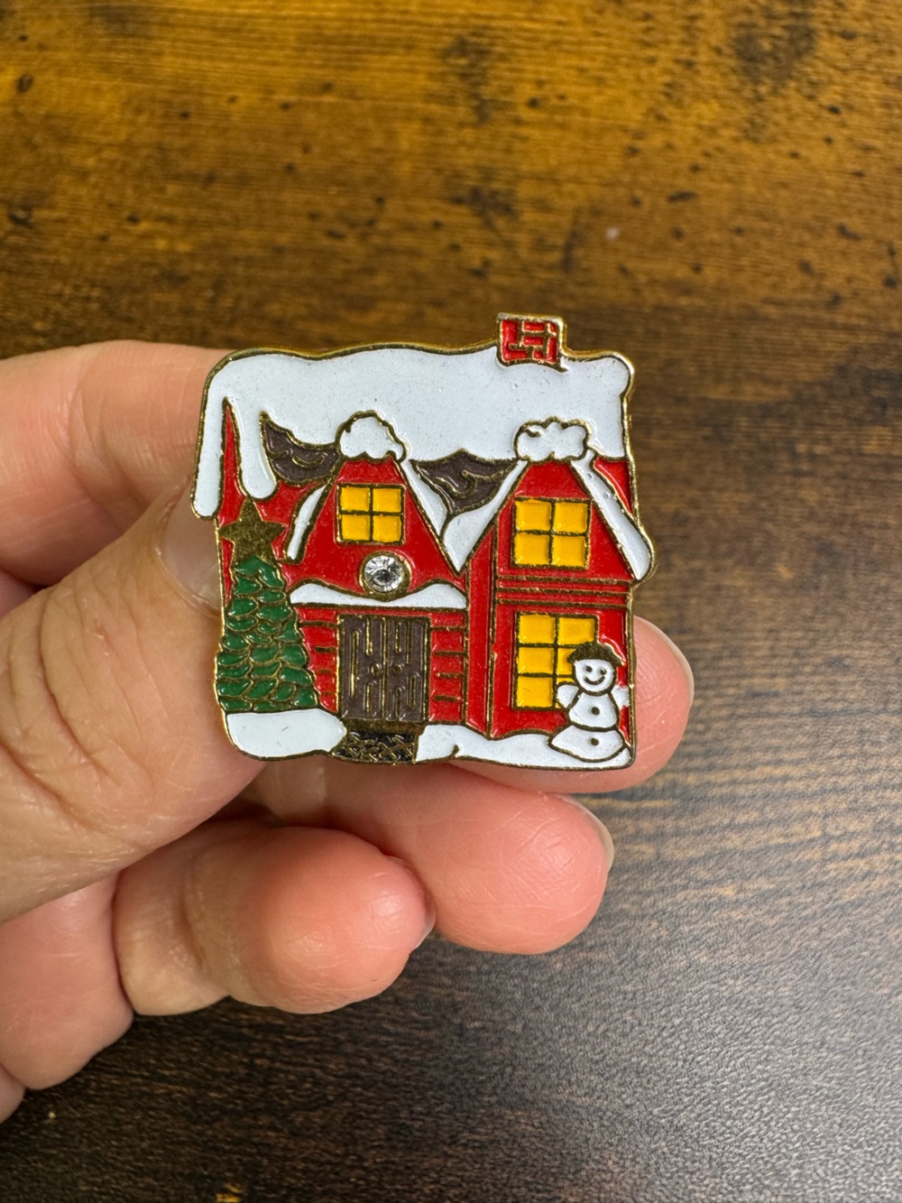 💚4/$20 Vintage Red Cottage Holiday Brooch with Green Tree and White Snow
